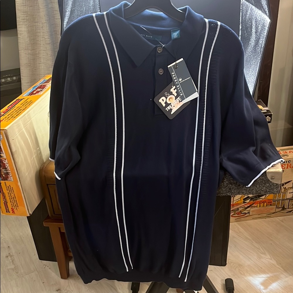 Perry Ellis Blue and White Polo Shirt